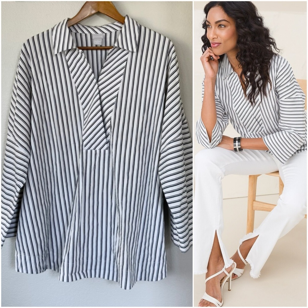 CHICO’S 4 / XXL Double Stripe Poplin Dolman Top Split Neck Blouse • Work Classic